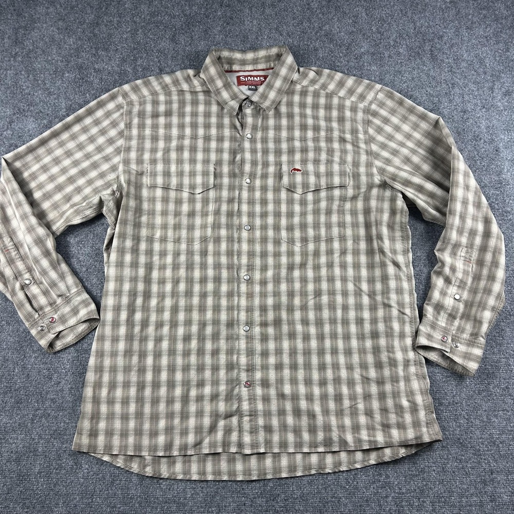 Simms Shirt Mens 2XL Tan Plaid Snap Front Vented‎ Fishing Outdoor Lightweight